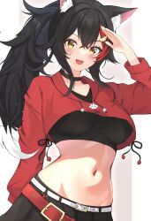 Rule 34 | 1girl, animal ears, beaterpx, black hair, highres, hololive, long sleeves, navel, ookami mio, open mouth, ponytail, smile, solo, virtual youtuber, yellow eyes