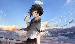 Rule 34 | 1girl, bad id, bad pixiv id, black hair, brown eyes, city, cloud, commentary, day, dutch angle, halo, highres, holding, light smile, looking at viewer, looking to the side, mifuru, original, railing, school uniform, serafuku, short hair, sky, solo, stick, twilight, wind