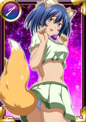 Rule 34 | 00s, 1girl, animal ears, back, bashoku youjou, blue hair, breasts, card (medium), female focus, hair ornament, ikkitousen, large breasts, looking at viewer, midriff, open mouth, panties, short twintails, skirt, smile, solo, standing, tail, twintails, underwear