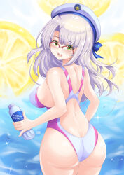Rule 34 | 1girl, absurdres, ass, bare shoulders, blush, bottle, breasts, butt crack, from behind, glasses, goddess of victory: nikke, green eyes, hat, highres, huge ass, large breasts, long hair, looking at viewer, looking back, neon (nikke), one-piece swimsuit, open mouth, sideboob, smile, solo, swimsuit, tong shui, very long hair, water, white hair