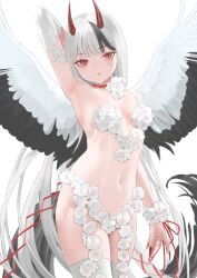 Rule 34 | 1girl, armpits, black hair, black wings, feathered wings, highres, horns, long hair, multicolored hair, multicolored wings, nail, navel, original, red eyes, simple background, solo, standing, thighhighs, tora army, white background, white hair, white thighhighs, white wings, wings