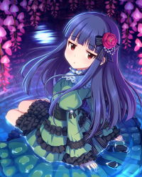 Rule 34 | 10s, 1girl, artist request, blue hair, blunt bangs, bow, card (medium), dress, flower, frilled dress, frills, hair bow, hair flower, hair ornament, idolmaster, idolmaster cinderella girls, long hair, looking at viewer, official art, partially submerged, puffy sleeves, red eyes, ribbon, sajo yukimi, solo, water