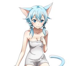 Rule 34 | 1girl, animal ears, arm support, black ribbon, blue eyes, blue hair, blush, bow, breasts, cat ears, cat tail, cleavage, collarbone, hair bow, hair ribbon, looking at viewer, medium breasts, naked towel, ribbon, shiny skin, short hair with long locks, sidelocks, sinon (sao-alo), sitting, smile, solo, sword art online, tail, towel, transparent background, white towel