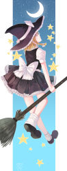 Rule 34 | 1girl, absurdres, blonde hair, blue eyes, braid, broom, female focus, full body, hase neet, hat, highres, kirisame marisa, long image, moon, short hair, sky, solo, star (symbol), tall image, touhou, witch, witch hat