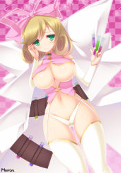 Rule 34 | 10s, 1girl, areola slip, artist name, bare shoulders, blonde hair, blush, bow, breasts, bridal gauntlets, cameltoe, checkered background, cleavage, eyebrows, garter straps, gluteal fold, green eyes, hair bow, hand on own face, haruka (senran kagura), highleg, holding, lab coat, large breasts, legs, maron (1212ama), pink background, pink bow, senran kagura, short hair, smile, solo, test tube, thigh gap, thighhighs, thighs, underboob, white thighhighs