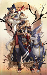 Rule 34 | 1girl, animal hood, canyne, cat hood, fangs, felyne, fur trim, hat, highres, hood, long hair, looking to the side, mito itsuki, monster hunter (series), monster hunter rise, ponytail, sandals, scabbard, scar, scarf, sheath, silver hair, standing, straw hat, thighhighs, very long hair