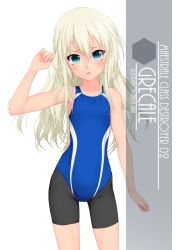 Rule 34 | 1girl, :p, artist name, bike shorts, black bike shorts, blonde hair, blue eyes, blue one-piece swimsuit, blush, character name, collarbone, cowboy shot, eyes visible through hair, flat chest, grecale (kancolle), hair between eyes, highres, inaba shiki, kantai collection, layered clothes, long hair, one-piece swimsuit, open mouth, simple background, solo, standing, striped clothes, striped one-piece swimsuit, surprised, swimsuit, swimsuit over clothes, tongue, tongue out, vertical-striped clothes, vertical-striped one-piece swimsuit, wavy hair