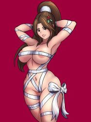 Rule 34 | 1girl, absurdres, areola slip, armpits, arms behind head, bare shoulders, bluesanikman, breasts, brown eyes, brown hair, closed mouth, collarbone, cowboy shot, fatal fury, hair ornament, high ponytail, highres, large breasts, lips, looking at viewer, matching hair/eyes, mistletoe, naked ribbon, navel, ponytail, red background, ribbon, shiranui mai, simple background, solo, the king of fighters