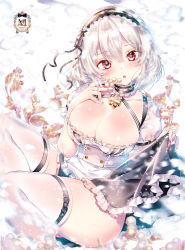 Rule 34 | 1girl, anchor choker, apron, azur lane, blush, breasts, choker, cleavage, clothes lift, collarbone, commentary request, dress, dress lift, frilled apron, frilled choker, frills, hair between eyes, hairband, head tilt, kamiya maneki, lace-trimmed hairband, lace trim, large breasts, lifting own clothes, looking at viewer, maid apron, open mouth, puffy sleeves, red eyes, ribbon-trimmed legwear, ribbon trim, short hair, short sleeves, signature, sirius (azur lane), sitting, solo, thighhighs, thighs, waist apron, white apron, white hair, white thighhighs