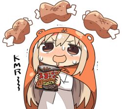 Rule 34 | 1girl, blonde hair, boned meat, brown eyes, doma umaru, dress, drooling, food, food request, himouto! umaru-chan, holding, holding food, kanikama, komaru (himouto! umaru-chan), long hair, long sleeves, looking up, lowres, meat, open mouth, simple background, solo, sweatdrop, trembling, white background, white dress