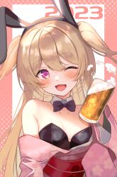 Rule 34 | 1girl, 2023, ;d, absurdres, animal ears, beer mug, black bow, black bowtie, black leotard, blonde hair, bow, bowtie, breasts, buket pudding i, chinese zodiac, cup, detached collar, fake animal ears, fang, happy new year, highres, holding, holding cup, indie virtual youtuber, japanese clothes, kimono, leotard, long hair, looking at viewer, mug, new year, off shoulder, one eye closed, open clothes, open kimono, open mouth, pink kimono, playboy bunny, rabbit ears, red eyes, sakayori pepa, skin fang, small breasts, smile, solo, strapless, strapless leotard, traditional bowtie, two side up, virtual youtuber, wing collar, year of the rabbit