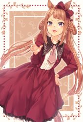 Rule 34 | 1girl, animal ears, bow, braid, braided hair rings, brown hair, collared dress, commentary request, dress, ear bow, frilled dress, frills, funyariko, hair rings, hand up, highres, horse ears, horse girl, horse tail, juliet sleeves, long hair, long sleeves, looking at viewer, necktie, pantyhose, pink necktie, pointing, pointing at viewer, puffy sleeves, purple eyes, red bow, red dress, solo, sweep tosho (umamusume), tail, twin braids, twintails, umamusume, v-shaped eyebrows, very long hair, white pantyhose