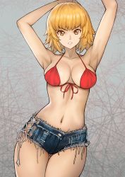 Rule 34 | 1girl, absurdres, alternate costume, alternate eye color, alternate hair length, alternate hairstyle, arms up, bikini, bikini top only, blonde hair, breasts, cowboy shot, curvy, denim, denim shorts, fate/grand order, fate (series), front-tie bikini top, front-tie top, halterneck, highres, jeanne d&#039;arc (fate), jeanne d&#039;arc (ruler) (fate), large breasts, navel, open mouth, parted lips, red bikini, short hair, short shorts, shorts, solo, swimsuit, torn clothes, torn shorts, tsuki suigetsu, yellow eyes