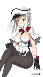 Rule 34 | 10s, 1girl, animal ears, black gloves, black pantyhose, blush, breasts, capelet, commentary, covered erect nipples, covered navel, crossed legs, fake animal ears, gloves, graf zeppelin (kancolle), grey eyes, grey hair, hand on own knee, hat, highres, invisible chair, kantai collection, kuro chairo no neko, large breasts, leotard, pantyhose, peaked cap, playboy bunny, rabbit ears, simple background, sitting, sketch, solo, twintails, twitter username, white background