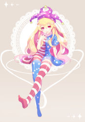 Rule 34 | 1girl, absurdres, alternate legwear, american flag dress, american flag legwear, blonde hair, blue nails, clownpiece, dress, full body, hat, highres, jester cap, long hair, looking at viewer, nail polish, neck ruff, open mouth, polka dot, purple hat, red eyes, red nails, shinketsu kanyu, short sleeves, smile, solo, star (symbol), star print, striped, thighhighs, touhou, very long hair