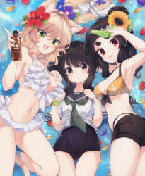Rule 34 | 3girls, :d, :p, animal ear fluff, animal ears, armpits, bare arms, bare shoulders, bikini, bikini under clothes, black hair, black one-piece swimsuit, black sailor collar, black shorts, blue nails, bottle, bow, breasts, brown eyes, brown headwear, cat ears, cat girl, cat tail, cleavage, closed mouth, commentary request, fang, flower, frilled bikini, frills, front-tie bikini top, front-tie top, green eyes, green nails, green neckerchief, hair between eyes, hair bun, hair flower, hair ornament, hat, hat bow, unworn hat, unworn headwear, highleg, highleg bikini, highres, holding, holding bottle, kuranami shiki, large breasts, light brown hair, medium breasts, multiple girls, nail polish, natsuki teru, neckerchief, nekomiya ryuu, old school swimsuit, one-piece swimsuit, open mouth, orange bikini, orange flower, original, petals, petals on liquid, red eyes, red flower, sailor collar, school swimsuit, school uniform, serafuku, shallow water, shikibe ayaka, shirt, short eyebrows, short shorts, short sleeves, shorts, signature, single hair bun, smile, sparkle, straw hat, sunflower, sunflower hair ornament, swimsuit, swimsuit under clothes, tail, thick eyebrows, tongue, tongue out, water, white bikini, white bow, white shirt