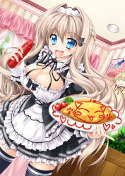 Rule 34 | 1girl, :d, black thighhighs, blonde hair, blue eyes, breasts, brown hair, cat hair ornament, cleavage, curtains, dress, dutch angle, female focus, food, hair intakes, hair ornament, hairclip, highres, indoors, kamiya tomoe, ketchup, large breasts, long hair, maid, maid headdress, moe2015, omelet, omurice, open mouth, original, plate, poster (object), smile, solo, squeeze bottle, thighhighs, very long hair, window, zettai ryouiki