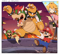 Rule 34 | 1girl, 4boys, :d, ^ ^, arm up, armlet, bendedede, blonde hair, blue eyes, blue overalls, blue pants, blush, border, bowser, bowser jr., bracelet, brothers, brown footwear, brown hair, castle, character name, cheering, claws, closed eyes, closed mouth, cloud, commentary, crown, dress, earrings, elbow gloves, english commentary, facial hair, fangs, father and son, frown, gloves, goomba, gradient sky, green headwear, green shirt, hat, highres, horns, jewelry, lips, long hair, long sleeves, luigi, mario, mario (series), mini crown, lava, motion lines, multiple boys, mustache, nintendo, open mouth, overalls, own hands together, pants, pink dress, princess peach, purple sky, red hair, red headwear, red shirt, sharp teeth, shirt, shoes, short hair, siblings, sky, smile, sphere earrings, spiked armlet, spiked bracelet, spiked shell, spikes, sweatdrop, teeth, throwing, topknot, v-shaped eyebrows, white border, white gloves