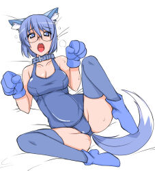 Rule 34 | 1girl, 2k-tan, animal ears, ankle boots, bare shoulders, blue collar, blue eyes, blue footwear, blue gloves, blue hair, blue one-piece swimsuit, blue thighhighs, blush, boots, breasts, cleavage, collar, collarbone, dog ears, dog tail, eyelashes, full body, furrowed brow, glasses, gloves, hair between eyes, hands up, looking at viewer, lying, medium breasts, nose blush, on back, one-piece swimsuit, open mouth, os-tan, pink lips, ruriwo (ruriwo1894), school uniform, solo, swimsuit, tail, teeth, thighhighs, thighs, upper teeth only