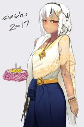 Rule 34 | 1girl, altera (fate), alternate costume, bare arms, belt, blue skirt, blush, bracelet, closed mouth, dark-skinned female, dark skin, dress, fate/extella, fate/extra, fate (series), feet out of frame, food, headdress, holding, holding food, i-pan, jewelry, red eyes, short hair, simple background, skirt, solo, tan, tattoo, veil, white hair