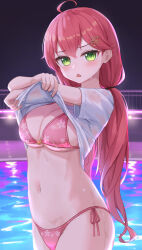 Rule 34 | 1girl, absurdres, bikini, breasts, cleavage, clothes lift, green eyes, highres, hololive, lifting own clothes, long hair, looking at viewer, medium breasts, pink bikini, pink hair, sakura miko, shirt lift, side-tie bikini bottom, solo, swimsuit, triangle mouth, typho, virtual youtuber