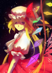 Rule 34 | 1girl, ascot, blonde hair, bow, crystal, flandre scarlet, hat, hat bow, hat ribbon, highres, mob cap, puffy short sleeves, puffy sleeves, red eyes, ribbon, short sleeves, side ponytail, skirt, skirt set, smile, solo, star (symbol), starry background, touhou, wei li, wings, wrist cuffs