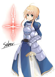Rule 34 | 1girl, ahoge, armor, armored dress, artoria pendragon (fate), blonde hair, character name, command spell, dress, excalibur (fate/stay night), fate/stay night, fate/zero, fate (series), gauntlets, green eyes, hair ribbon, ribbon, saber (fate), solo, sword, togezo, togezou, weapon