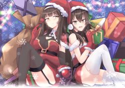 Rule 34 | 2girls, artist name, blush, brown eyes, brown hair, candy, christmas, christmas present, commentary, commentary request, dinergate (girls&#039; frontline), food, garter straps, gift, girls&#039; frontline, hakuya (white night), hat, lollipop, long hair, looking at viewer, multiple girls, type 95 (girls&#039; frontline), type 97 (girls&#039; frontline), santa hat, signature, smile, snowflakes, thighhighs