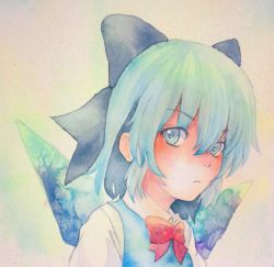 Rule 34 | 1girl, :&lt;, blue eyes, blue hair, bow, cirno, hair bow, highres, ice, ice wings, matching hair/eyes, painting (medium), solo, touhou, traditional media, watercolor (medium), wings, yuyu (00365676)