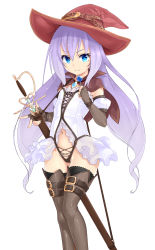 Rule 34 | 1girl, belt, black gloves, black panties, black thighhighs, blue eyes, boots, cameltoe, candy, capelet, dungeons &amp; princess, fingerless gloves, food, gloves, hat, jewelry, lollipop, long hair, looking at viewer, navel, orochi itto, panties, pendant, purple hair, simple background, solo, sword, thighhighs, underwear, weapon, white background