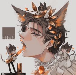 Rule 34 | 4boys, absurdres, ahoge, animal ears, artist logo, black pants, brooch, brown eyes, brown hair, cat ears, cat tail, commentary request, cosmetics, earrings, fangs, fatalbug896, frilled shirt collar, frills, full body, gem, glint, grey background, head wreath, heart, heart tail, highres, holding, holding lipstick tube, jewelry, laurel crown, lipstick, lipstick tube, long sleeves, looking at another, looking at viewer, makeup, male focus, mini person, miniboy, multiple boys, multiple persona, on head, open mouth, orange lips, orange lipstick tube, original, pants, person on head, portrait, shirt, short hair, sideways glance, simple background, sleeves past fingers, sleeves past wrists, sparkle, standing, tail, white shirt