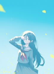 Rule 34 | 1girl, absurdres, arm behind back, black hair, blue sky, clear sky, closed mouth, collarbone, covering one eye, cowboy shot, day, falling leaves, grey eyes, grey serafuku, grey shirt, grey skirt, hair between eyes, hand on own face, hand up, highres, hoshino ichika (project sekai), leaf, long hair, long sleeves, looking at viewer, miyamasuzaka girls&#039; academy school uniform, neckerchief, outdoors, pleated skirt, project sekai, red neckerchief, ritzchrono, sailor collar, school uniform, serafuku, shadow, shirt, sidelocks, skirt, sky, smile, solo, white sailor collar