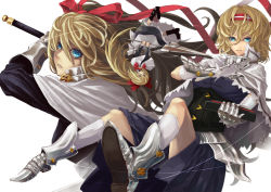 Rule 34 | 1girl, alice margatroid, apron, armor, blonde hair, blue eyes, bodice, book, boots, bow, breasts, capelet, dress, female focus, fujinohara akihira, gauntlets, goliath doll, greaves, hair bow, hair ribbon, headband, jewelry, kneehighs, lance, long hair, looking at viewer, parted lips, polearm, puppet rings, puppet strings, ribbon, ring, shanghai doll, short hair, simple background, socks, solo, sword, touhou, upside-down, very long hair, waist apron, weapon, white background