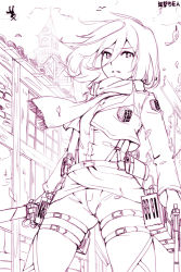 Rule 34 | 1girl, breasts, cropped jacket, dual wielding, holding, leaf, lineart, magister, mikasa ackerman, monochrome, pants, scarf, shingeki no kyojin, short hair, small breasts, solo, thigh strap, three-dimensional maneuver gear, weapon, wind