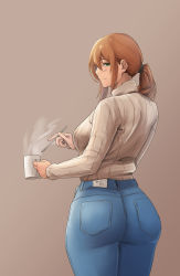 Rule 34 | 1girl, absurdres, ass, beige sweater, blush, brown background, coffee mug, cup, curvy, denim, dryseaweed, from behind, girls&#039; frontline, green eyes, hair between eyes, highres, holding, holding spoon, jeans, looking to the side, mature female, mug, pants, ponytail, sidelocks, spoon, springfield (girls&#039; frontline), standing, sweater, thick thighs, thighs, turtleneck, turtleneck sweater