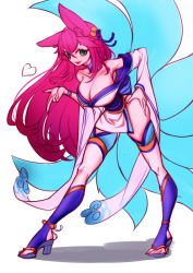 Rule 34 | 1girl, absurdres, ahri (league of legends), animal ear fluff, animal ears, bell, bent over, blue eyes, breasts, cleavage, facial mark, finger to own chin, fox ears, fox girl, fox tail, hair bell, hair between eyes, hair ornament, hand on own thigh, high heel sandals, high heels, highres, japanese clothes, kimono, league of legends, multiple tails, pink hair, platform footwear, sandals, solo, spirit blossom ahri, tail, whisker markings, white background