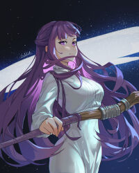 Rule 34 | 1girl, absurdres, blunt bangs, breasts, closed mouth, dress, erik varts, fern (sousou no frieren), fighting stance, highres, holding, holding staff, long hair, long sleeves, looking at viewer, mage staff, medium breasts, night, night sky, purple eyes, purple hair, serious, sidelocks, sky, solo, sousou no frieren, staff, star (sky), starry sky, straight hair, very long hair, white dress