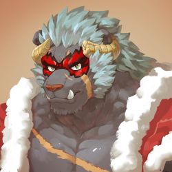 Rule 34 | 1boy, absurdres, bara, blue hair, broken horn, curled horns, eye mask, facial scar, fangs, fur-trimmed jacket, fur trim, furry, furry male, grey fur, highres, horns, jacket, krampus (housamo), long sideburns, looking at viewer, male focus, mature male, medium hair, mowang yu, muscular, muscular male, official alternate costume, open clothes, open jacket, pectoral cleavage, pectorals, portrait, red jacket, santa costume, scar, scar across eye, scar on cheek, scar on chest, scar on face, scar on forehead, sideburns, solo, thick eyebrows, tokyo houkago summoners, upper body, wrestling mask