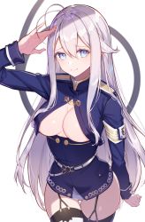 Rule 34 | 1girl, 86 -eightysix-, absurdres, ahoge, arm at side, arm up, belt, blue eyes, breasts, cleavage, closed mouth, garter straps, hair between eyes, highres, insignia, long hair, looking at viewer, medium breasts, military, military uniform, no pants, o-ring, o-ring belt, open clothes, open shirt, raised eyebrows, revision, rikoma, salute, sidelocks, simple background, skindentation, smile, solo, thigh gap, thighhighs, thighs, underboob, uniform, very long hair, vladilena millize, white background, white belt, white hair