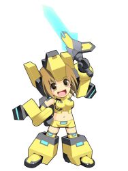 Rule 34 | 1girl, armor, armored boots, beam saber, blush stickers, boots, brown eyes, brown hair, chibi, cosmic break, hand on own hip, headgear, midriff, official art, rei (cosmic break), smile, solo, sword, wakaba sprout, weapon