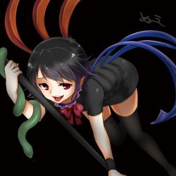 Rule 34 | 1girl, asymmetrical wings, bent over, black background, black hair, black thighhighs, houjuu nue, monrooru, open mouth, pointy ears, polearm, red eyes, solo, thighhighs, tongue, tongue out, touhou, weapon, wings
