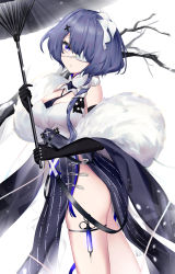 Rule 34 | 1girl, arknights, bare shoulders, black gloves, black umbrella, blue hair, breasts, commentary request, cowboy shot, eyepatch, feather boa, gloves, hair ornament, head tilt, highres, holding, holding umbrella, large breasts, official alternate costume, purple eyes, solo, standing, syringe, thighs, umbrella, wakamepiza, whisperain (arknights), whisperain (tremble cold) (arknights), x hair ornament