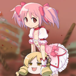 Rule 34 | 10s, 1girl, bad id, bad pixiv id, blush, bow, bubble skirt, drill hair, empty eyes, gloves, hair bow, hair ornament, highres, kaname madoka, magical girl, mahou shoujo madoka magica, mahou shoujo madoka magica (anime), pink eyes, pink hair, puffy sleeves, red eyes, short hair, short twintails, skirt, smile, solo, takeda yukimura, tomoe mami, twin drills, twintails, yukkuri shiteitte ne