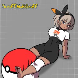 Rule 34 | 1girl, animated, animated gif, arm support, artist name, ball, barefoot, bea (pokemon), black bodysuit, black hairband, blinking, bodysuit, bodysuit under clothes, breasts, closed mouth, covered erect nipples, creatures (company), dot nose, exercising, exercise ball, expressionless, eyelashes, feet, full body, game freak, grey background, grey hair, grid background, gym leader, hairband, hip focus, knee pads, legs, legs over head, legs up, looping animation, medium breasts, nintendo, parted lips, poke ball, poke ball (basic), pokemon, pokemon swsh, print shirt, purple eyes, reclining, scruffmuhgruff, shadow, shirt, short hair, short sleeves, soles, solo, thick eyebrows, toes, white shirt