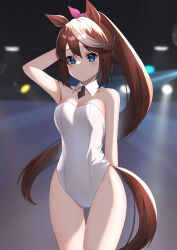 Rule 34 | 1girl, animal ears, arm at side, arm behind head, arm up, astroglia cyte, bare arms, bare shoulders, black necktie, blue eyes, bow, breasts, brown hair, cleavage, closed mouth, collar, collarbone, cowboy shot, detached collar, eyelashes, floating hair, furrowed brow, gluteal fold, hair between eyes, hair bow, high ponytail, horse ears, horse girl, horse tail, leotard, light blush, long hair, looking at viewer, medium breasts, multicolored hair, necktie, pink bow, ponytail, short necktie, solo, stage lights, standing, streaked hair, tail, thigh gap, tokai teio (umamusume), umamusume, very long hair, white collar, white leotard