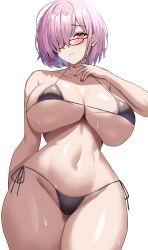 Rule 34 | 1girl, absurdres, arm behind back, bikini, black bikini, blush, breasts, closed mouth, commentary, curvy, fate/grand order, fate (series), glasses, hair over one eye, highres, jasony, large breasts, looking at viewer, mash kyrielight, micro bikini, navel, pink hair, purple eyes, short hair, simple background, stomach, swimsuit, white background