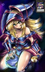 Rule 34 | 1girl, absurdres, bare shoulders, blonde hair, blue footwear, blush, bracer, breasts, card, cleavage, dark magician girl, duel monster, earth (planet), giant, giantess, green eyes, hat, highres, holding, holding staff, huge giantess, large breasts, long hair, off shoulder, pink skirt, skirt, solo, staff, wizard hat, yu-gi-oh!