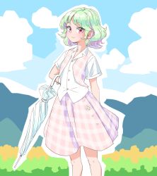 Rule 34 | 1girl, alternate color, arms behind back, buttons, closed umbrella, cloud, collared shirt, commentary, cowboy shot, flower, green hair, kazami yuuka, open clothes, open vest, outdoors, pastel colors, plaid, plaid skirt, plaid vest, purple skirt, purple vest, red eyes, s-a-murai, shirt, short hair, short sleeves, skirt, skirt set, sky, smile, solo, standing, touhou, umbrella, vest, white shirt