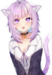 Rule 34 | 1girl, :d, absurdres, ahoge, animal ear fluff, animal ears, black collar, black jacket, blush, breasts, cat ears, cat girl, cat tail, cleavage, collar, collarbone, collared shirt, commentary request, dress shirt, fang, highres, hololive, jacket, looking at viewer, medium breasts, neck ribbon, neginoki, nekomata okayu, nekomata okayu (oversized shirt), off shoulder, official alternate costume, open clothes, open jacket, open mouth, purple eyes, purple hair, purple ribbon, ribbon, shirt, simple background, smile, solo, tail, tail raised, upper body, virtual youtuber, white background, white shirt