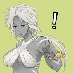 Rule 34 | !, 1girl, annoyed, black eyes, bracelet, breasts, female focus, gender request, genderswap, jewelry, large breasts, long hair, m.u.g.e.n, midnight bliss, mukai (king of fighters), open mouth, pointing, ponytail, simple background, snk, solo, teeth, the king of fighters, white hair